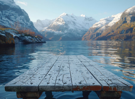 Photo of a wooden table with nature landscape in the backgroundの写真素材
