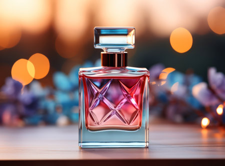 Photo of a perfume bottle with roses in backgroundの写真素材