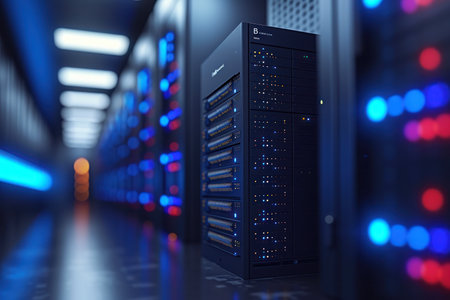 background of a digital server storage with neon lightsの写真素材
