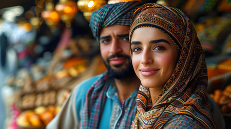 Ai Generative photo of a happy muslim family with ramadan lanterns in streetsの素材