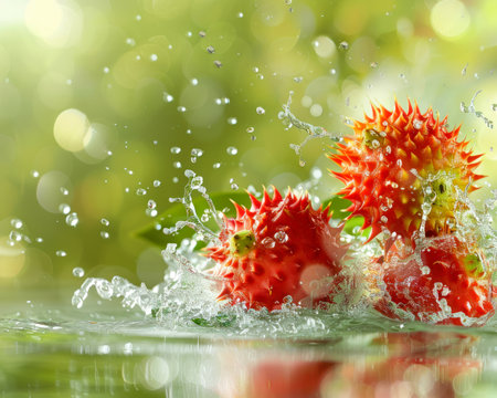 Photo of a fresh rambutan with water splashの素材