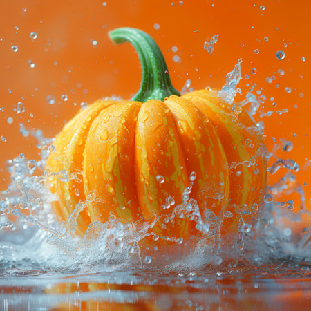 Photo of a fresh pumpkin with water splashの素材