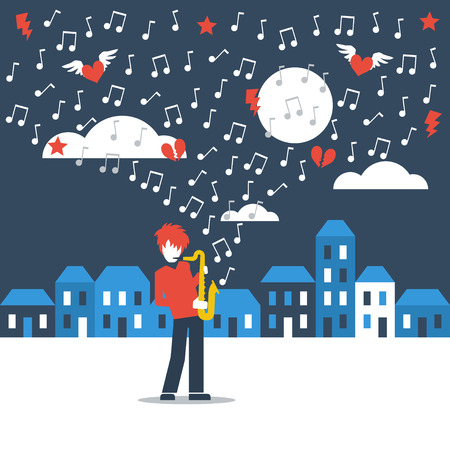A saxophonist playing in the streets at nightのイラスト素材