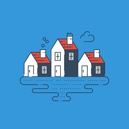 Country houses. Peaceful tiny village. Riverside cottages. Home stay at a lake.のイラスト素材