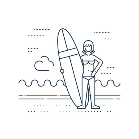 Summer vacation. Surfing camp. Surfing woman instructor.のイラスト素材