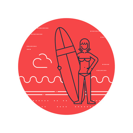 Summer vacation. Surfing camp. Surfing woman instructor.のイラスト素材