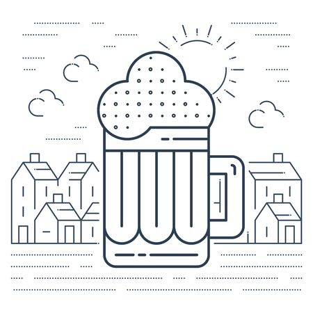 A mug of beer and a country town in the background. Brewery traditions. Pud poster. Draft beer.のイラスト素材