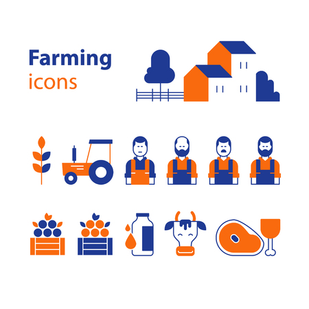 Flat design  illustration. Farm workers and products iconsのイラスト素材
