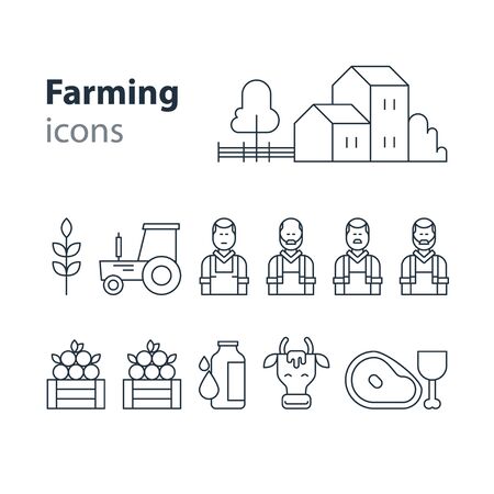 Flat design vector illustration. Farm workers and products iconsのイラスト素材