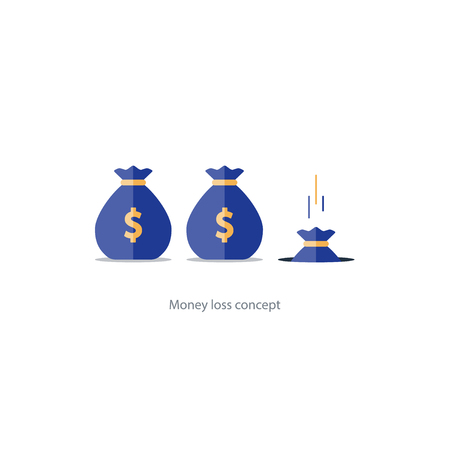 Money loss concept, falling sack in hole, financial expenses, budget planning, fund downfall illustrationのイラスト素材