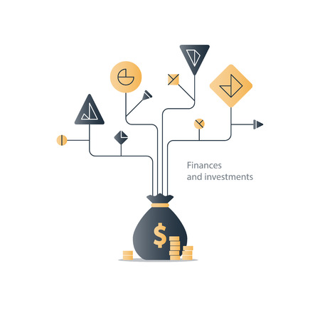 Financial education system, stock market index fund investment strategy, business solution concept, budget fund plan, income diversification, start up money, expenses account, illustrationのイラスト素材