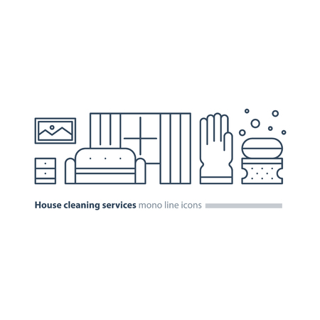 Home cleaning services, tidy living room with sofa and window, apartment chores, maintain clean interior, household and housekeeping, robber glove with sponge and soap vector mono line icon setのイラスト素材