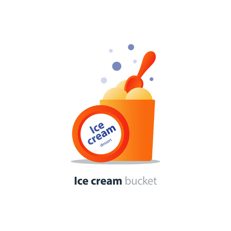 Vanilla ice cream bucket, opened cover with spoon, gelato portion, large size, vector flat design illustration iconのイラスト素材