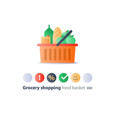 Full basket of food, grocery shopping, consumption products, special offer sign, sale symbol, vector flat design icons setのイラスト素材