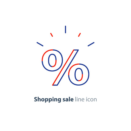Sale advertising concept, attractive percentage sign, shopping special offer, blue red shining icon, vector mono line designのイラスト素材