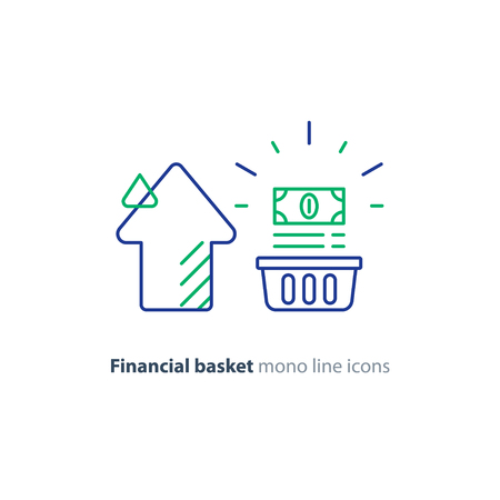 Financial long term investment plan, budget management, fund rising, asset growth, income increase, cash bills bundle, compound interest, vector mono line iconsのイラスト素材