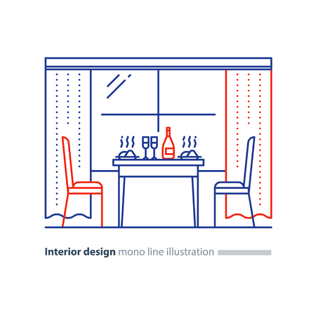 Dining room interior design, window with curtains, table with dishes and chairs, vector mono line illustrationのイラスト素材