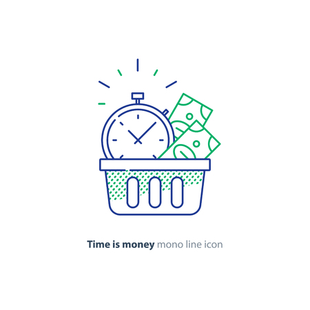 Financial basket, time is money concept, budget planning, fund rising, savings account, long term investment strategy, income growth, sand glass vector mono line iconのイラスト素材