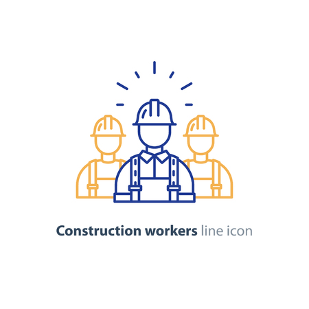 Construction workers in hard hat and jumpsuit, builders in uniform, contractor man, manual labor, vector mono line illustrationのイラスト素材
