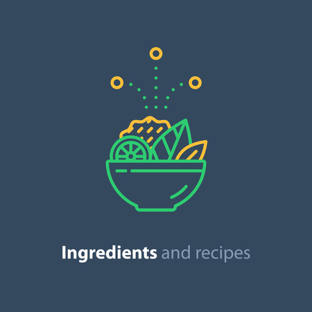 Food dish recipe, nutrition concept, salad ingredients, vector mono line iconのイラスト素材