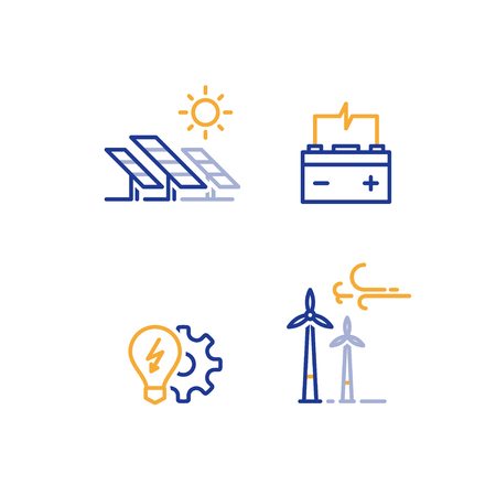 Solar panels and wind farm energy concept, offshore wind turbines, green electricity, accumulator and light bulb vector line iconのイラスト素材