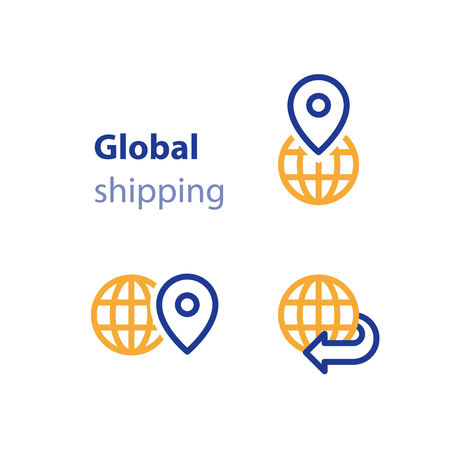 International shipment, global shipping program, delivery services, tracking order, globally transportation business vector line iconのイラスト素材