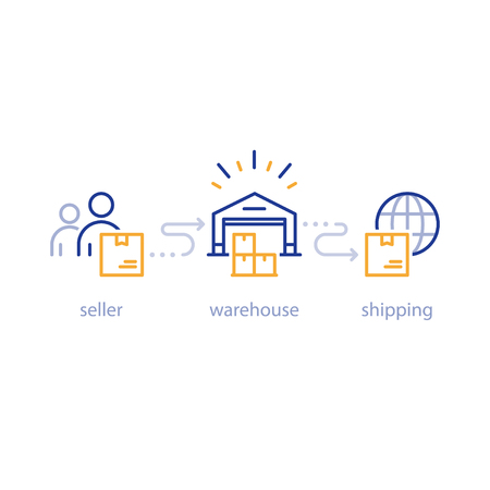 International parcel shipment, global shipping program, box delivery services, tracking order, globally transportation business, distribution warehouse, supply chain, storage industry vector line iconのイラスト素材