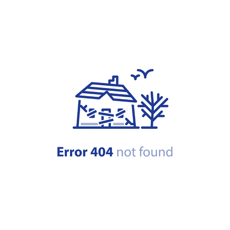 Error 404 page not found concept, abandoned old house with boarded up windows and door, forgotten home, neglected building, creepy place, decayed cottage, vector line designのイラスト素材