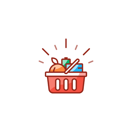 Grocery shop basket full of food, shopping special offer promotion, best deal, good quality products, vector line icon designのイラスト素材