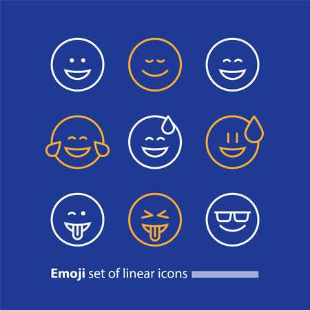 Set of linear emoji icons, black white mono line design, vector facial expressions, emoticon collectionのイラスト素材
