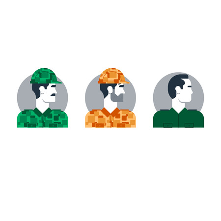 Military soldier in uniform, man in camouflage, army trooper character turned head. Flat design vector illustrationのイラスト素材