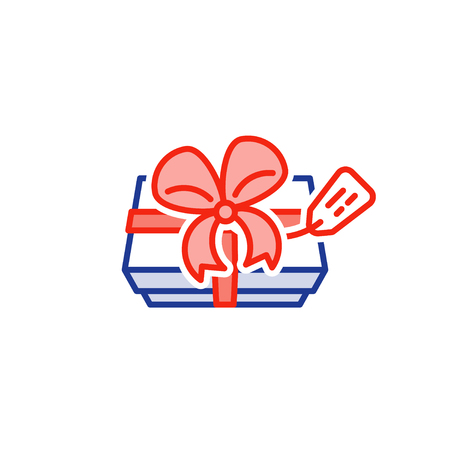 Gift box with ribbon and tag label, top view, elegant present for special event, premium birthday package, vector line iconのイラスト素材