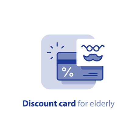 Loyalty program, discount card for elderly, earn reward points, cash back, bonus coupon, vector line iconのイラスト素材