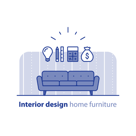 Interior design idea, sofa icon, renovation cost calculation, order furniture, project budget, vector flat illustrationのイラスト素材