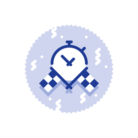 Race challenge, best time result, crossed checkered flags, stop watch icon, super fast delivery service, deadline concept, vector flat illustrationのイラスト素材