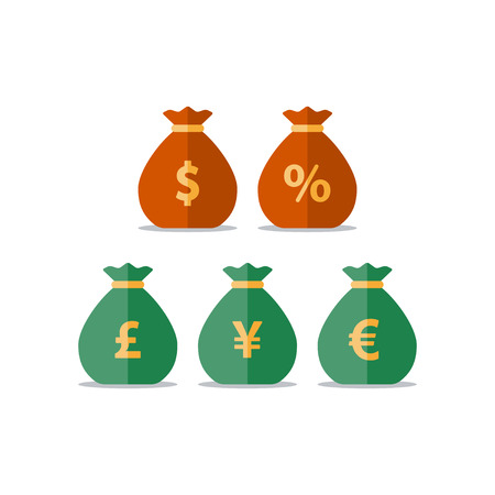 Pound, yen, euro currency, dollar money bag, interest rate percentage sign, business and finance, return on investment, financial solution, prepayment and down payment concept, income tax, vector iconのイラスト素材