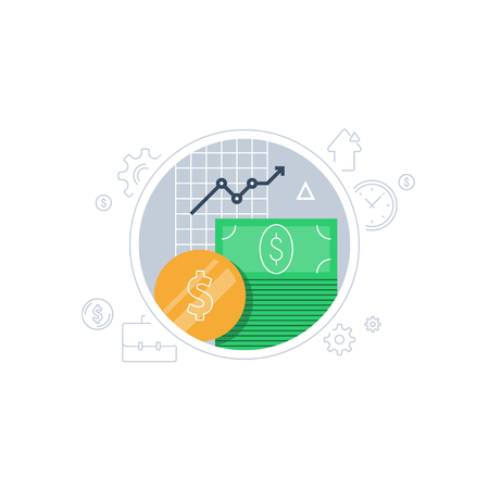 Banking services, financial report graph, return on investment, budget planning, income growth chart, mutual fund, retirement savings account, superannuation, interest rate, vector flat iconのイラスト素材