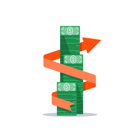 Income growth arrow, financial management, return on investment, budget expenses, mutual fund, bank savings account, interest rate, fund raising, money bills stack, dollar bundle vector flat iconのイラスト素材