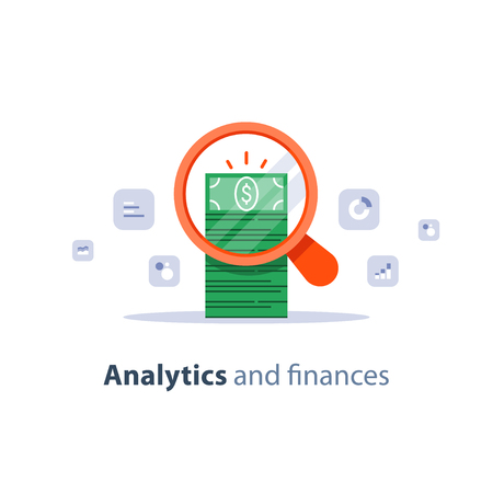 Financial analytics service, business planning, market research, fund management, sales improvement, return on investment, revenue increase, accounting inquiry, income and expenses, vector flat iconのイラスト素材