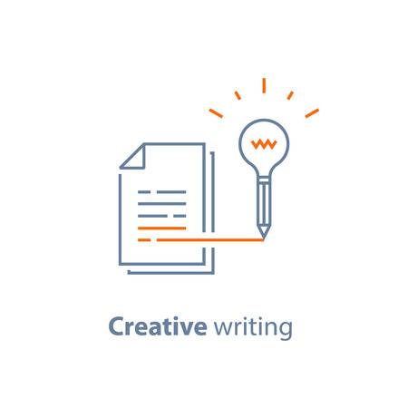 Creative writing and storytelling concept, learning course, education assignment, brief summary, vector line icon, thin stroke illustrationのイラスト素材