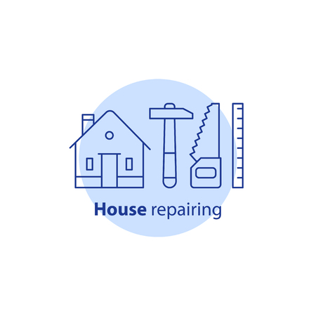 House repair services, carpenter concept, home improvement and maintenance, remodeling logo, residential building renovation, construction, hammer and saw tool, real estate ownership, vector line iconのイラスト素材