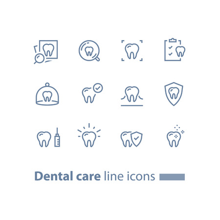 Dental care, prevention check up, hygiene and treatment, stomatology services, tooth and checklist, vector line icon set, linear designのイラスト素材