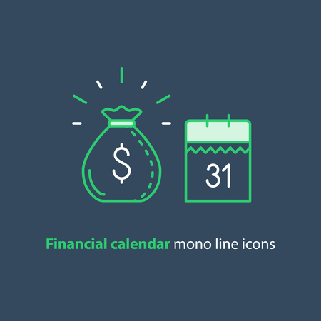 Financial calendar, annual payment day, monthly budget planning, fixed period concept, loan duration, vector mono line iconsのイラスト素材