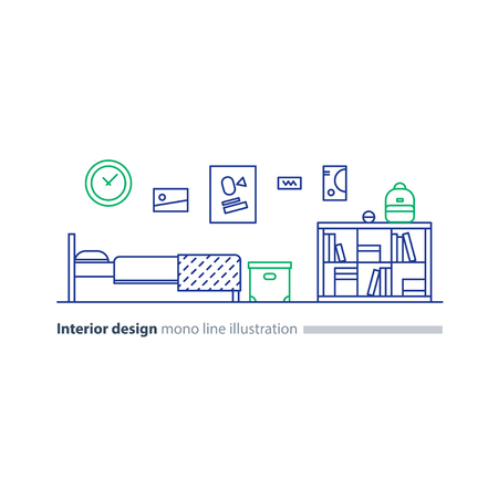 Teenage bedroom interior design, modern concept, bed room furniture with bookcase, box and posters on wall, vector mono line illustration.のイラスト素材