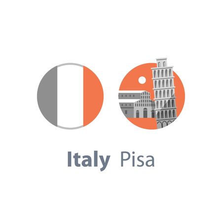 Italy symbol, Pisa tower, travel destination, famous landmark, tourism concept, Italian architecture, round flag, vector icon, flat illustrationのイラスト素材