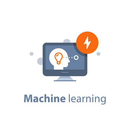 Machine learning, artificial intelligence, creative thinking, distance education, online learning, human head and desktop, vector illustration, flat iconのイラスト素材