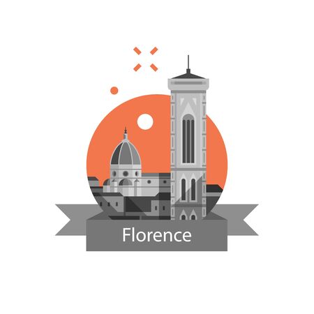Italy, Florence symbol, travel destination, famous landmark, cathedral and tower view, tourism concept, vector icon, flat illustrationのイラスト素材
