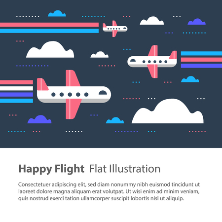 Happy flight, airplanes in the sky, children flat illustration, flying aircraft with rainbowのイラスト素材
