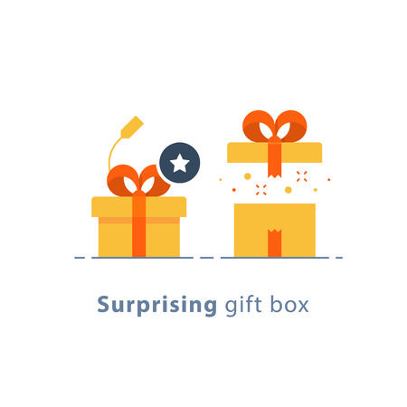 Surprising gift, prize give away, creative present, fun experience, unusual gift idea concept, opened yellow box with red ribbon, flat design icon, vector illustrationのイラスト素材