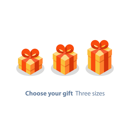 Surprising gift, yellow box, red ribbon, present giveaway, special prize, happy birthday congratulation concept. Three gift boxes, small medium and big, vector icon, flat illustration.のイラスト素材